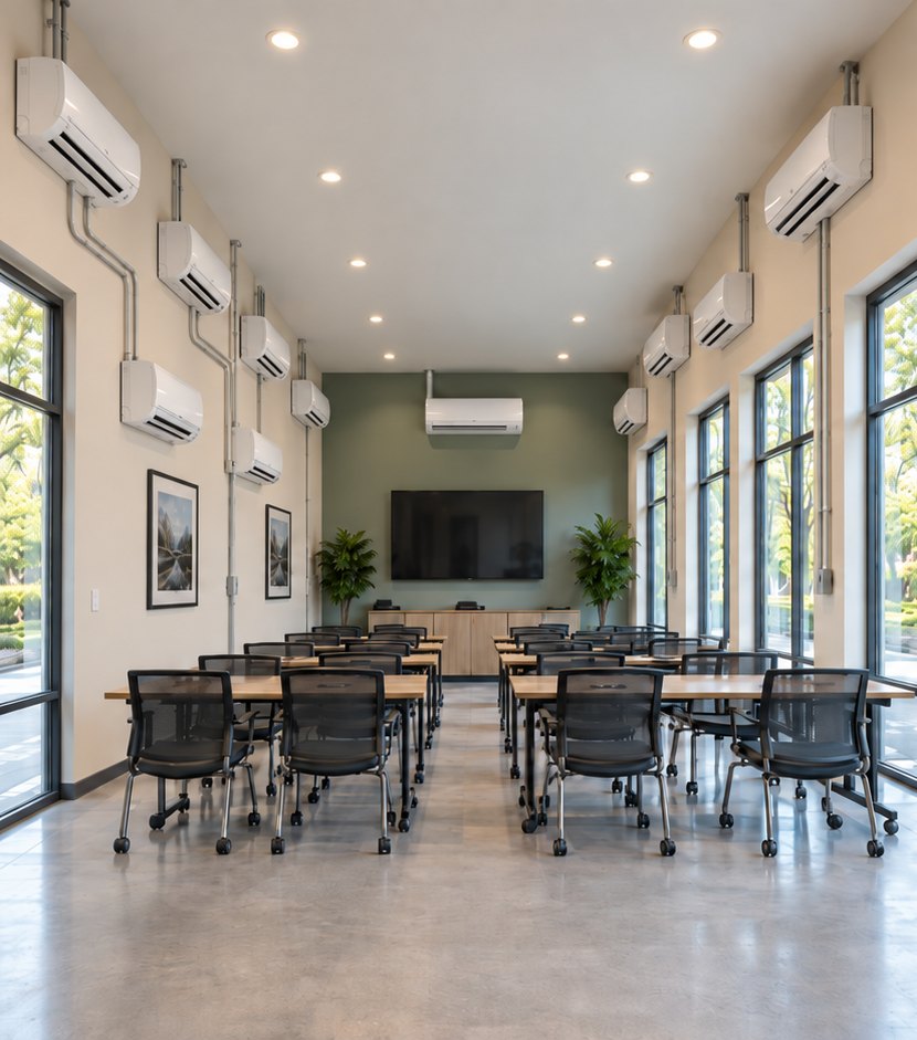 Salón de capacitación con varias unidades de muro y tubería expuesta