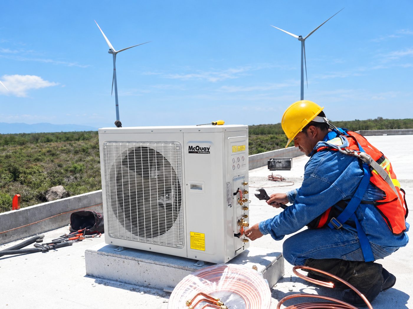 Técnico realizando instalación de unidad exterior